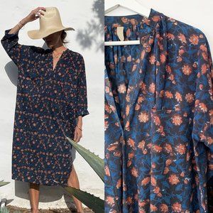 TWO New York Floral block print navy caftan beach coverup ONE SIZE FIT MOST